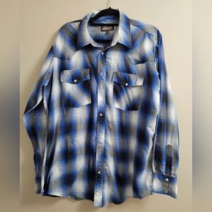 Outlaw Western Wear Pearl Snap Shirt Men’s XLT Blue Plaid Tall Extra Long Tails